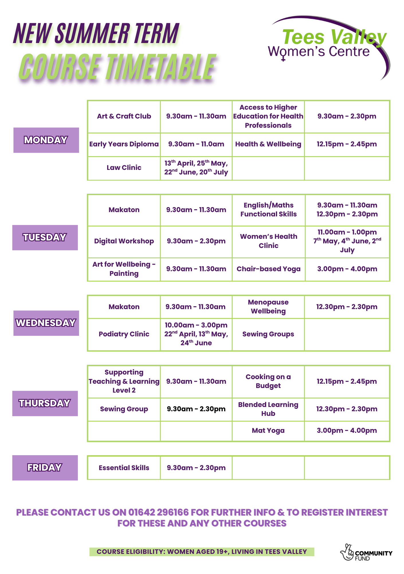 New Summer Term Courses and Clinics at Tees Valley Women’s Centre